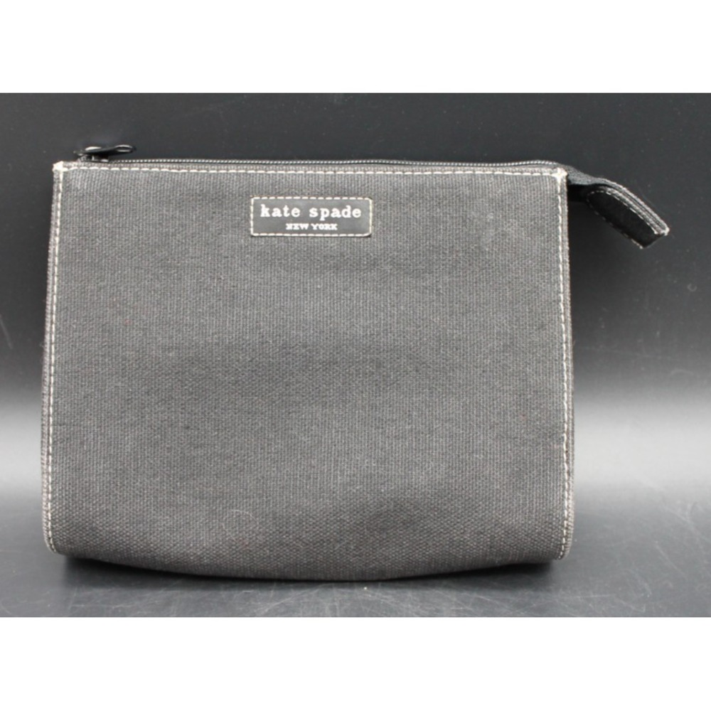 Kate Spade New York Black Canvas Gingham Zip Cosmetic Makeup Pouch Bag